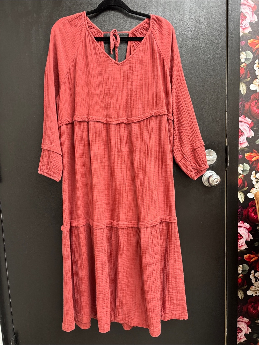 Wonderly dark Coral Tiered Maxi Dress V-Neck Tie fall light weight xl casual - Picture 2 of 5